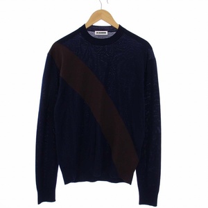 ジルサンダー JIL SANDER Crew Neck Wool Long Sleeves Designers Sweaters ニット セーター 長袖 切替 46 S 紺 茶 JSMU751021
