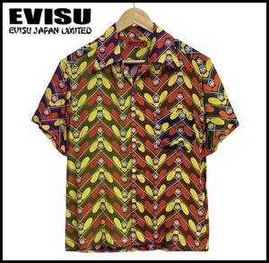 EVISU EVIS エビス エヴィス YAMANE JEANS ヤマネ ジーンズ 家紋 和柄 総柄 切替 半袖 オープンカラー ハワイアン アロハ シャツ 38 カモメ