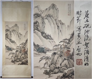 古美術 掛け軸 中国・近現代 「啓功書」 紙本 【山水図】 立軸 書道 巻き物 肉筆保証 唐物 古画 LT-24817