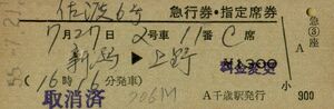■■ 　国鉄 【 佐渡 ６号 急行券 ・ 指定席券 】 新潟 → 上野　 Ｓ５５.７.２１　千歳 駅 発行