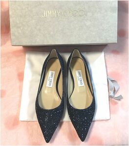 値下★JIMMY CHOO ジミーチュウ★ラブフラット・グリッター・ポインテッドトウ・ネイビー・サイズ36.5・23.5cm前後・￥88,000★未使用