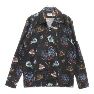 SCHOTT ショット HAWAIIAN LS SHIRT イラスト総柄 コットン混 ハワイアン アロハ 長袖シャツ ロングスリーブ ブラック 311507