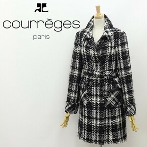 ◆Courreges クレージュ チェック柄 ウール ニットツイード ベルテッド ダブル コート オフホワイト×ブラック 38