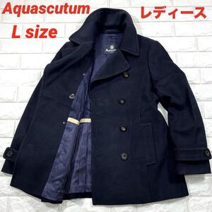 ★アクアスキュータム 美品 L！アンゴラ ウール★Aquascutum ピー コート レディース ミドル丈 ダークネイビー 秋冬