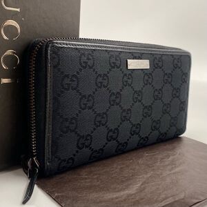 箱付き 【ほぼ極美品】GUCCI グッチ　GGキャンバス プレート　長財布　ユニセックス　ラウンドファスナー　GG ブラック　黒