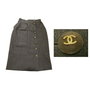 レア 未使用 vintage CHANEL 90s ツイード ロング スカート デカココマーク 金 ボタン 8個 coco CC logo tweed skirt ビッグ ココマーク 茶