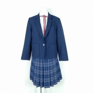 1円 ブレザー チェックスカート 紐タイ 上下4点セット 指定 大きいサイズ 冬物 女子 学生服 埼玉所沢中央中学 花紺 中古 ランクC EY8375