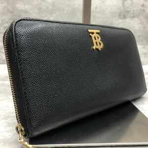 極美品 BURBERRY バーバリー 長財布 ラウンドファスナー ジッピーウォレット TBロゴ レザー 本革 ブラック ゴールド メンズ レディース 