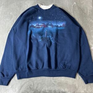 morning sun 90s〜00s スウェット トレーナー ネイビー レトロ　かわいい　夜景　風景画　鳥　L〜XL 紺