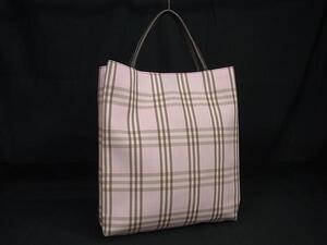 1円 BURBERRY バーバリー キャンバス×レザー チェック柄 トートバッグ ハンドバッグ レディース ピンク系 FJ0895