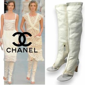 m20 レア 希少 CHANEL 2012 シャネル トング ロングブーツ ブーサン リネン ホワイト サンダルブーツ 37 正規品 G28185 イタリア製