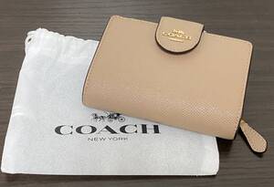 【0632　C-2　BV】COACH　コーチ　 ベージュ 　二つ折り財布　レディース