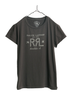 RRL ラルフローレン ロゴ プリント 半袖 Tシャツ レディース M ダブルアールエル ガーメントダイ 100% コットン シングルステッチ ポロ 黒