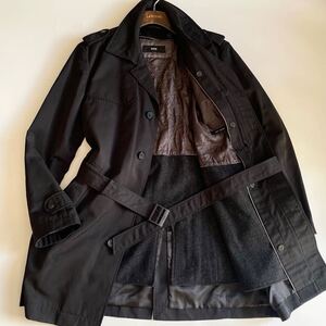 【美品/2way/ライナー付/撥水加工】HUGO BOSS/ヒューゴボス 黒 ブラック 千鳥柄 メンズ トレンチコート(48/L相当)キルティング ベルテッド