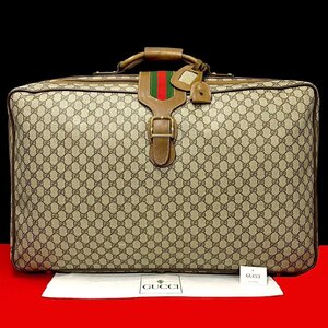 極 美品 GUCCI グッチ オールドグッチ シェリーライン GG柄 レザー 本革 ボストンバッグ トランク 旅行バッグ スーツケース ブラウン 35012