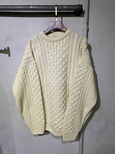 【即決】アランニットセーター aran knit フィッシャーマン アイルランド製 ホワイトアイボリー L 古着