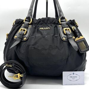 3108【極希少】PRADA プラダ トートバッグ ハンド ショルダー 2way ジャガードロゴ メタル ゴールド金具 ギャザー ナイロン レザー 本革