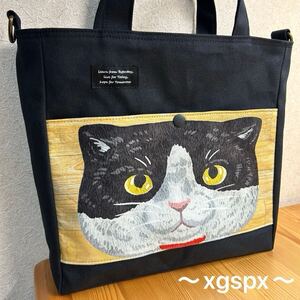 トートバッグ マチ有り 猫 ネコ ねこ 顔 白黒 帆布 黒 hand made ハンドメイド 斜め掛け用Dカン付き ショルダー可