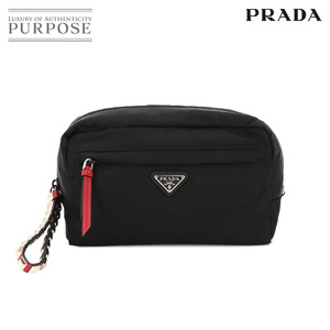 新品同様 プラダ PRADA スタッズ クラッチ セカンド バッグ ナイロン レザー ブラック レッド 1NA019 シルバー 金具 Clutch Bag 90233320