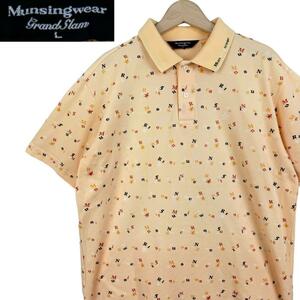 サイズL★Munsingwear Grand Slam★総柄半袖ポロシャツ ゴルフウェア マンシングウェアグランドスラム ペンギン刺繍 メンズ T2675 古着公園