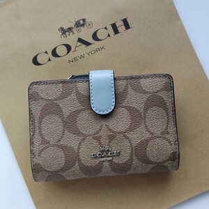 【新品】COACH コーチ 二つ折り財布 シグネチャー カーキ　ピンク