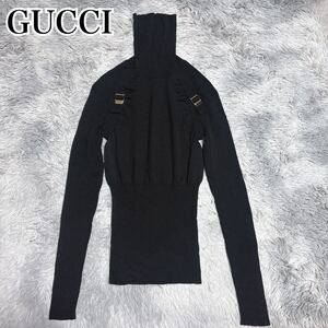 状態良 イタリア製 GUCCI グッチ タートルネック ニット セーター 長袖 ウール ベルト デザインニット レディース ブラック ハイネック XS