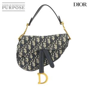 新品同様 クリスチャン ディオール Christian Dior オブリーク サドル ミニ ハンド バッグ キャンバス レザー ネイビー M0447CTZQ 90225223