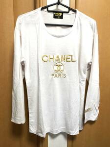 ヴィンテージ CHANELシャネル 白ロング Tシャツ 金のロゴ刺繍 レディース サイズ表記なし ノベルティTシャツ