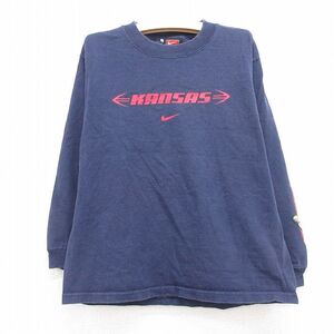 【50%OFF】古着 ナイキ NIKE 長袖 ビンテージ Tシャツ キッズ ボーイズ 子供服 キッズ 00s カンザス コットン クルーネック 紺 ネイビ 5OF