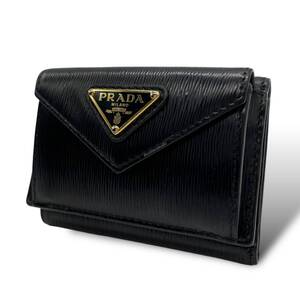 極美品 PRADA プラダ 三つ折り財布 ヴィッテロムーヴ レター型 ブラック ゴールド金具 W2