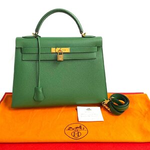 ほぼ未使用 希少品 □D 刻印 HERMES エルメス ケリー 32 クシュベル レザー 2way ハンドバッグ ショルダーバッグ グリーン 14713