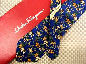 ♪32164C♪良品【キリン 象 ゾウ 動物 柄】フェラガモ【Ferragamo】ネクタイ