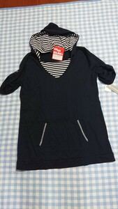 443☆未使用・保管品☆マタニティ☆授乳服☆2WAY重ね着風カットソー半袖パーカー紺L②