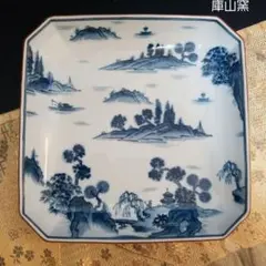 【未使用】　◆ 庫山窯 ◆　前畑陶器　　染付山水画　八角盛鉢　盛皿　26cm