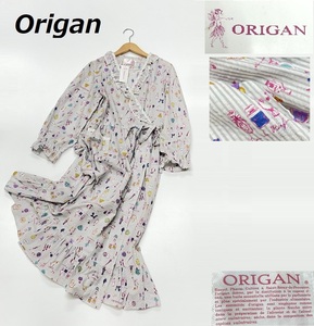 未使用品 /M-L/ ORIGAN 総柄 グレー系 長袖ガウン レディース タグ 香水柄 大人可愛い ネグリジェ パジャマ 寝巻 フリル 羽織り オリガン