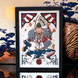 刺青 画 タトゥー tattoo 七福神 恵比寿さま 波桜 開運招福 尾九 オリジナル イラスト A4サイズ 壁掛け 黒色フレーム付き