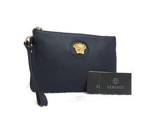 ■極美品■ VERSACE ヴェルサーチ メデューサ レザー クラッチバッグ セカンドバッグ ポーチ メンズ ネイビー系 BL5261