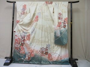 1円 良品 正絹 着物 振袖 縮緬 和装 式典 和服 正装 金彩 蝶 花柄 御所車 ヱ霞 遠山風景 袷 身丈162cm 裄69cm ◆逸品◆【夢職】