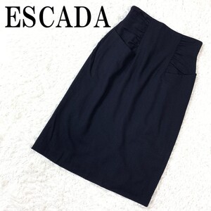 ESCADA エスカーダ タイトスカート ギャザー 紺色 ウール100％ネイビー 38 B8078