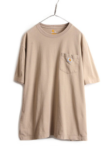 大きいサイズ XL ■ カーハート ポケット付き 半袖 Tシャツ ( メンズ ) 古着 CARHARTT ポケT ロゴT ヘビーウェイト クルーネック ベージュ