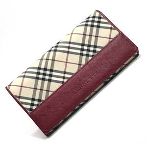 ★未使用級／希少★BURBERRY バーバリー カーフレザー×ノバチェック フラップ式ロングウォレット レッド×ベージュ がま口 長財布