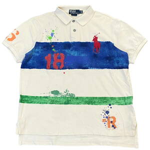90s Polo Ralph Lauren ポロシャツ L ボーダー柄 ホワイト ビッグポニー ロゴ 刺繍 半袖 シャツ ポロ ラルフローレン