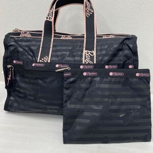 □2−3988 LeSportsac レスポートサック レディース ボストンバッグ 旅行用 バービー Barbie 黒 ブラック ポーチ付き 軽量 カジュアル 