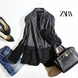 美品 ZARA BASIC ザラ ベーシック 秋 冬 バイカラー テーラードジャケット S グレー ブラック 黒 スーツ ロングテーラードジャケト