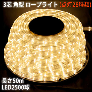 クリスマス 防滴 LED イルミネーション ３芯 角型 ロープライト ５０ｍ シャンパンゴールド 電球色 ２８種点滅 Ｂコントローラセット