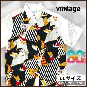 vintage 80s ポリシャツ 半袖シャツ 柄シャツ LL 古着 レディース 古着 送料無料 ヴィンテージ 半袖ブラウス スカーフ柄 ボタンシャツ 絵画