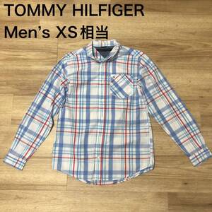 【送料無料】TOMMY HILFIGER長袖シャツ　水色白赤青チェック柄 メンズXSサイズ相当　トミーヒルフィガー