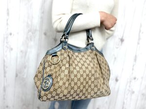 極美品 GUCCI グッチ GGキャンバス スーキー トートバッグ ハンドバッグ バッグ キャンバス×レザー ベージュ×青系 A4可 80014