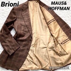 美品 L Brioni ブリオーニ Maus&Hoffman テーラードジャケット ブレザー 裏地ロゴ総柄 ウール シルク リネン チェック ブラウン メンズ 42