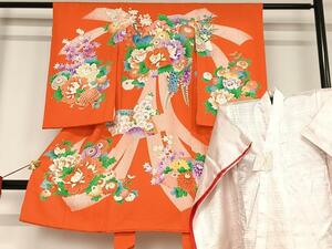 平和屋着物■七五三　女の子　３歳　祝着　三つ身　襦袢セット　駒刺繍　花鳥文　金彩　逸品　逸品　AAAK5911Boa